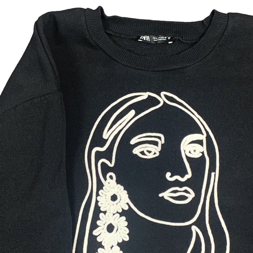 Zara Black Embroidered Abstract Face Crewneck Sweatshirt Womens Small Relaxed
